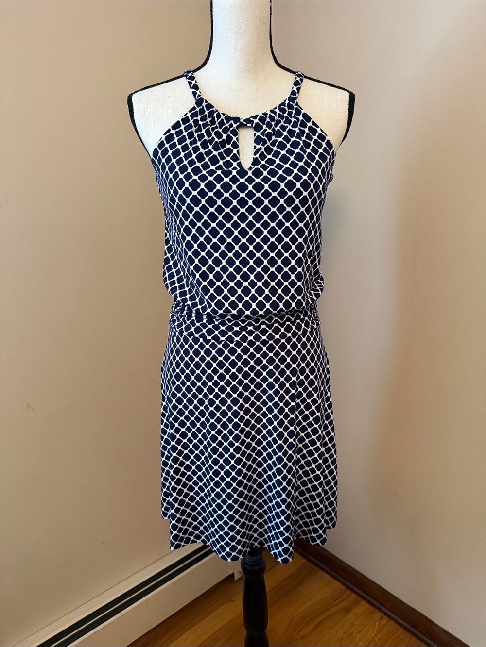 Valerie Bertinelli Navy and White Geometric Halter Midi Dress